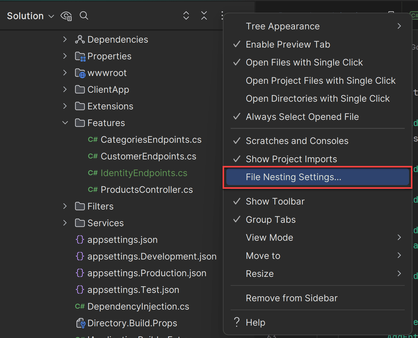 Rider - File Nesting Settings