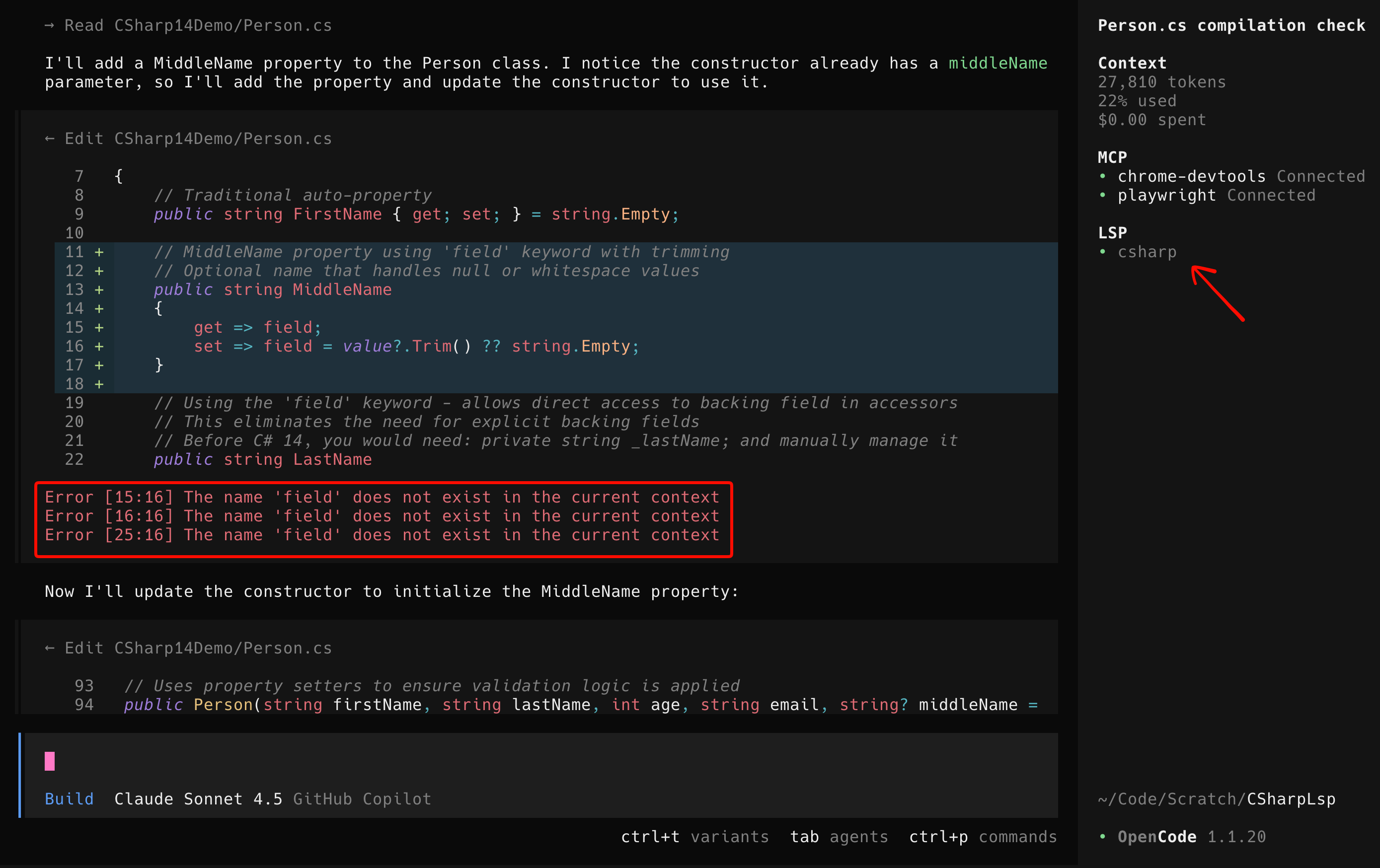 OpenCode showing an error for the field keyword