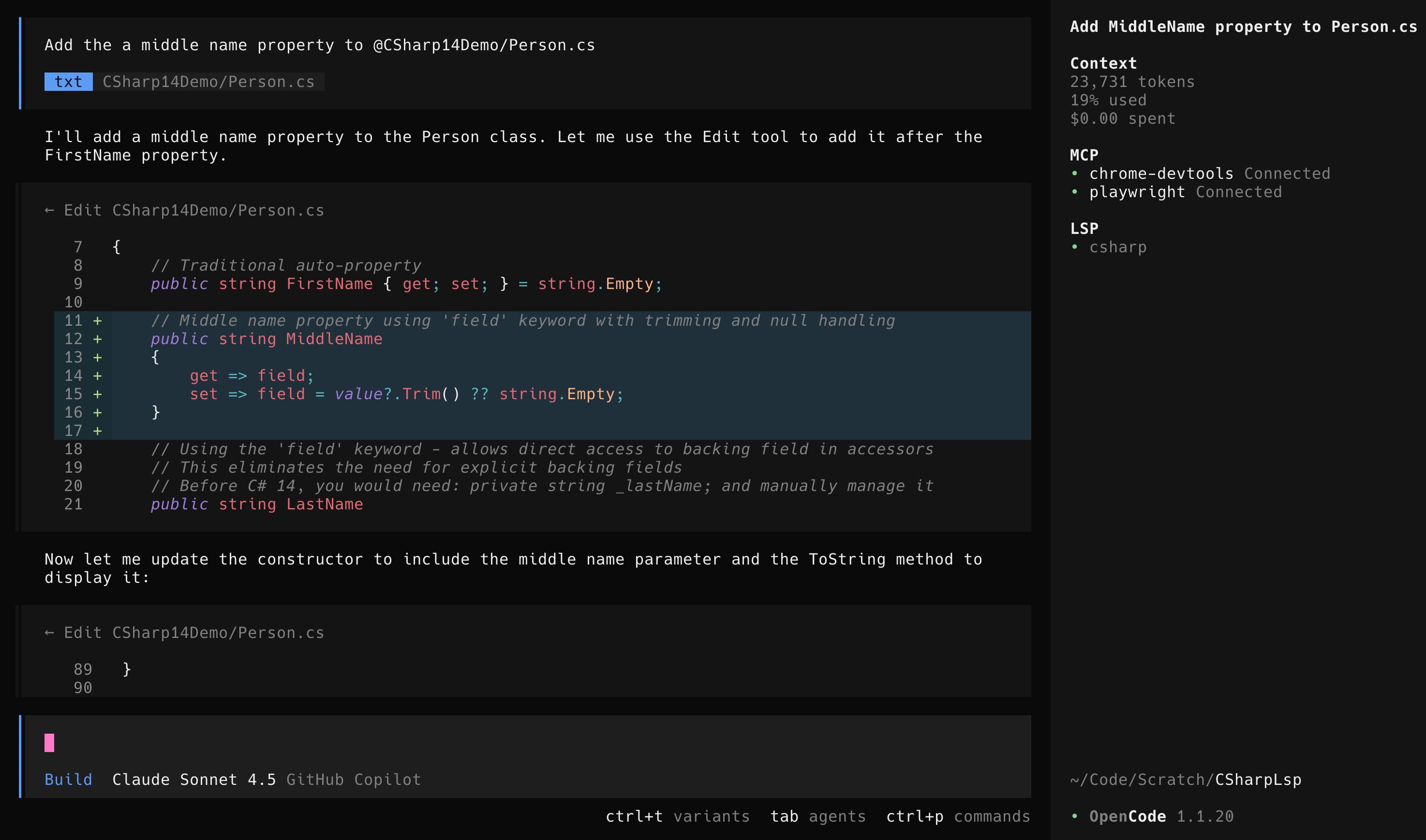 OpenCode successfully processing C# 14 code