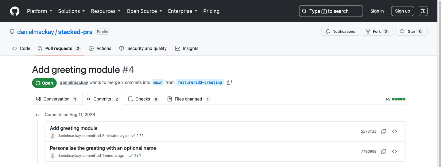 PR #4 'Add greeting module' now showing 'wants to merge 2 commits into main' with two commits listed: 'Add greeting module' and 'Personalise the greeting with an optional name'.