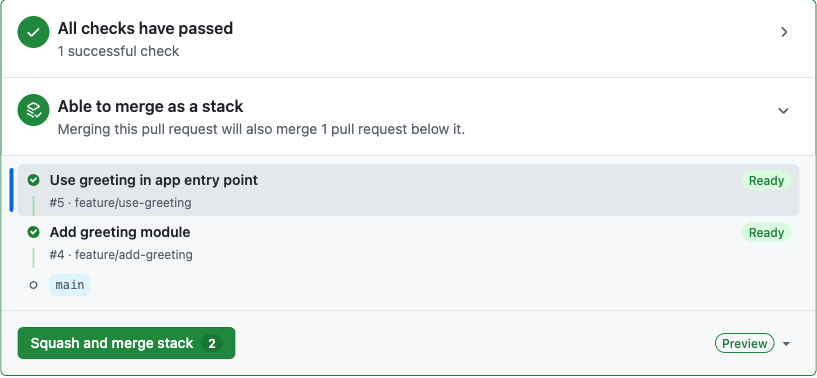 The stack-aware merge box now showing 'All checks have passed' and 'Able to merge as a stack - Merging this pull request will also merge 1 pull request below it'. Both PR #5 and PR #4 are marked 'Ready'. A green 'Squash and merge stack' button shows the number 2.