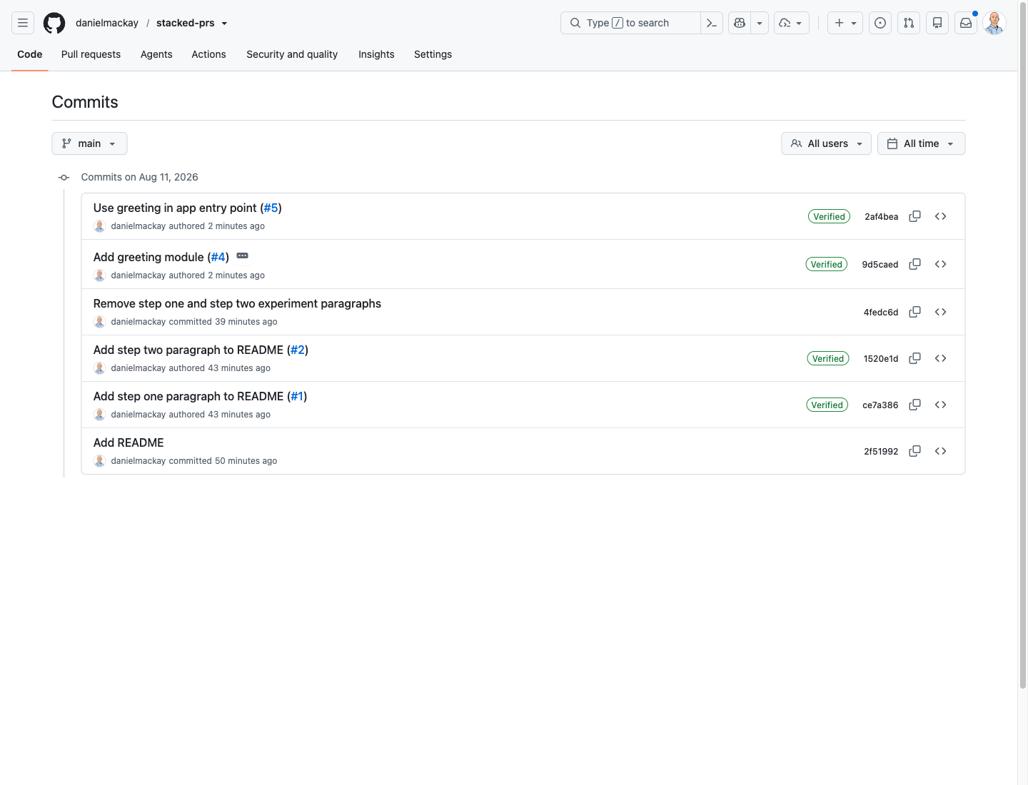 The commit history on the main branch showing 'Use greeting in app entry point (#5)' and 'Add greeting module (#4)' both authored two minutes ago, sitting on top of the earlier README commits.